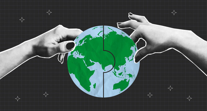Halftone two hands joined the puzzle pieces into Earth globe. Collage banner with World globe made of crumpled paper and assembled from jigsaw puzzles. Global peace and protection of planet. Vector