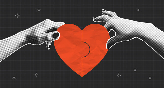 Halftone two hands joined the puzzle pieces into heart. Collage banner with red heart made of crumpled paper and assembled from jigsaw puzzles. Concept of charity or love and relationships. Vector