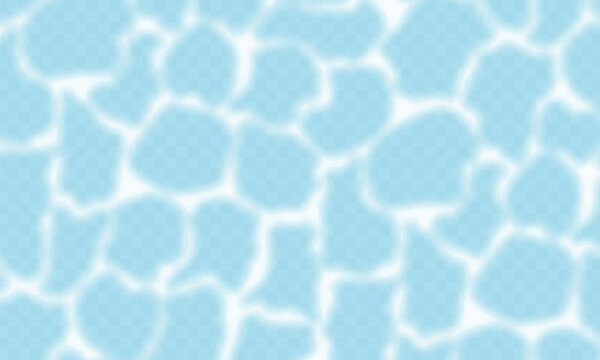 Transparent water texture. Water surface with gleams and light reflections at transparent background. Overlay watery caustic texture. Vector.
