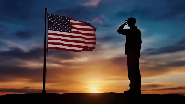 Silhouette of a soldier saluting the american flag at sunset salute military patriotism veteran honor salute military patriotism veteran honor