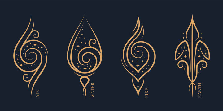 The Four nature elements - fire water air and earth with abstract line gold smooth curve line and star dot circle around on dark blue background vector design
