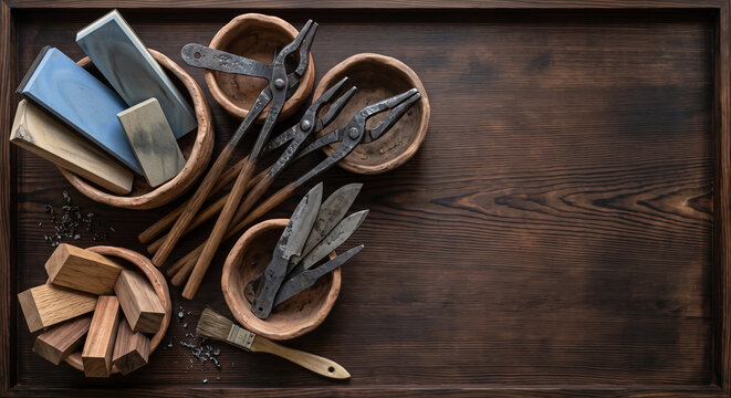 Top down view of Japanese knife forging blacksmith tools on cedar wood
