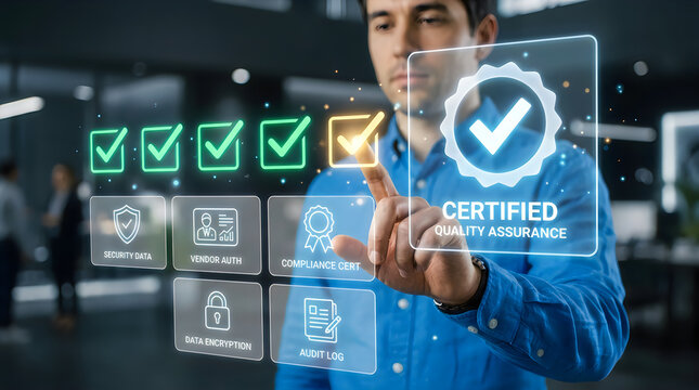 Professional interacting with a digital interface displaying quality assurance and security compliance certification icons in a modern office environment
