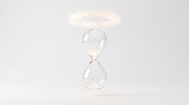 Minimalist glass hourglass with glowing halo, surreal floating sand timer on white background, conceptual time management art