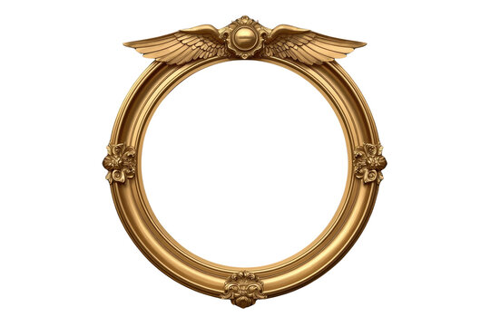 Ornate round gold frame with winged crest