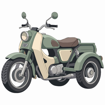 Vintage tricycle scooter, classic three wheel motorcycle illustration in retro style with green color scheme