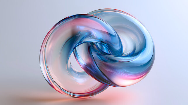 Abstract 3D Render of Intertwined Glass Torus Shapes in Blue Pink and Purple Gradient Colors on Light Background