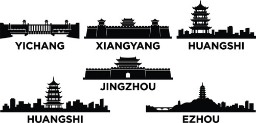 Fototapeta premium Hubei province cities skyline silhouettes bundle featuring Yichang Xiangyang Huangshi Jingzhou and Ezhou landmarks isolated on white background