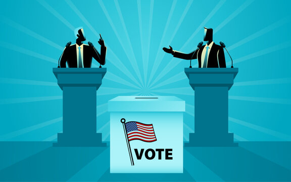 Political debate with two candidates and a voting ballot, representing the U.S. presidential election, democracy and voter participation.