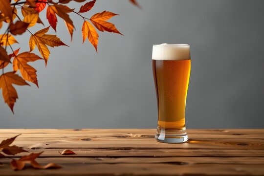 Glass of beer on wooden surface with autumn leaves