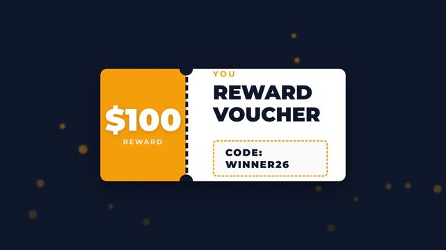 Reward voucher, $100 discount coupon, floating on dark background with golden particles, symbolizing savings, business, and marketing, seamless loop