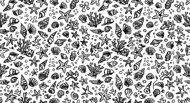 Hand drawn scattered seashells and starfish doodle background pattern in black and white crayon style