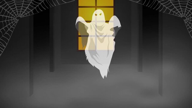 Spooky white ghost in a dark haunted house with webs and glowing window, for Halloween and horror content.