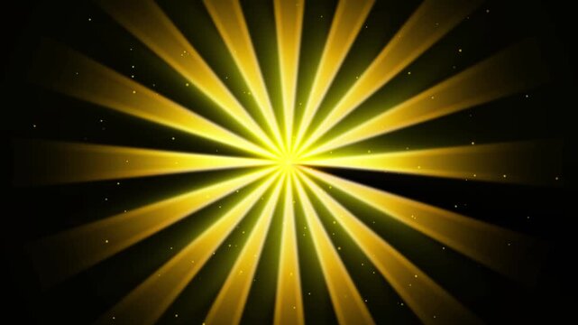 Golden light rays rotate from a bright center with sparkling particles, creating a dramatic background for celebration, luxury and success.