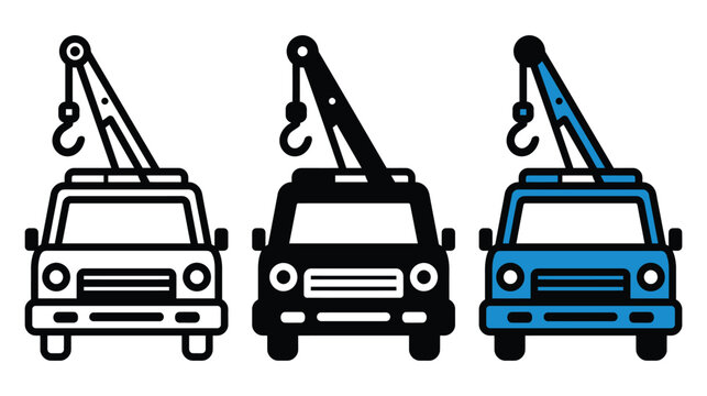 Crane icon vector set showing tow truck front view with industrial