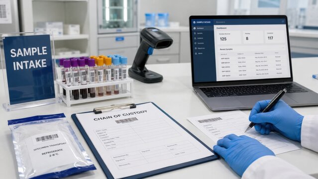Laboratory technician works on sample intake in a medical lab with laptop and database system in use during business hours