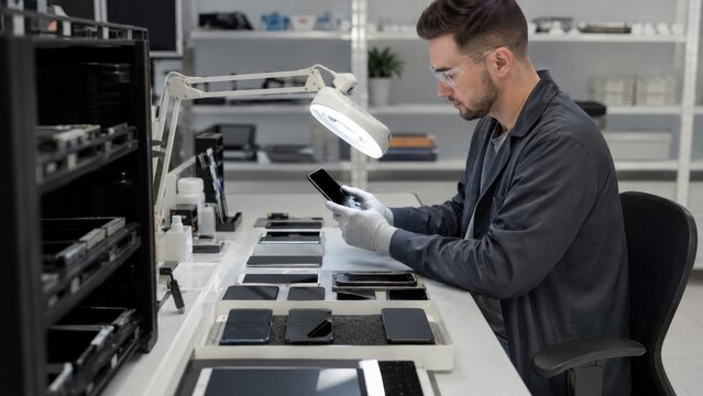 Technician checks mobile devices at repair station during work hours in a modern facility