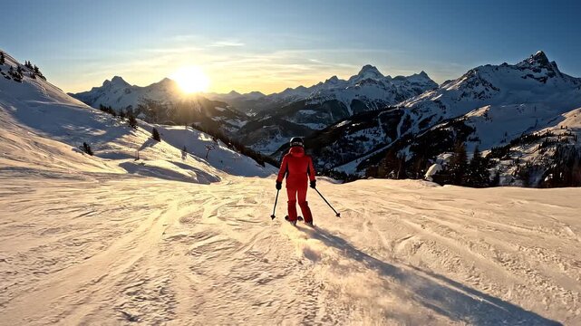 Skier carving fresh powder down a sunlit alpine slope with dramatic mountain backdrop and golden hour light