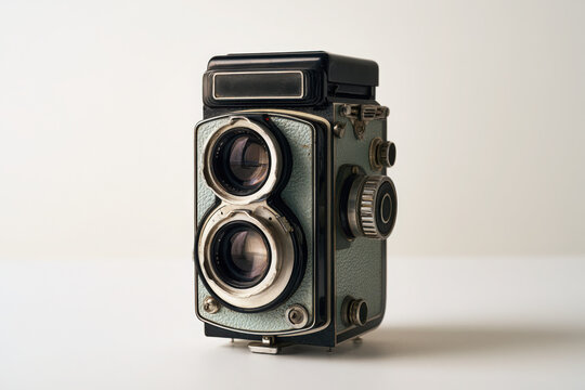 Vintage twin lens reflex camera on white tabletop still life  