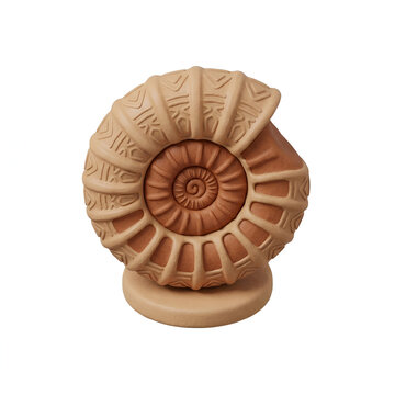 3D clay illustration of a spiral ammonite shell fossil centered