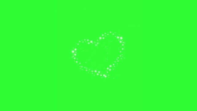 Animated sparkling light particles forming a glowing heart shape on a bright green screen, ideal for romantic video overlays, Valentine's Day content, wedding edits, love effects, and chroma key
