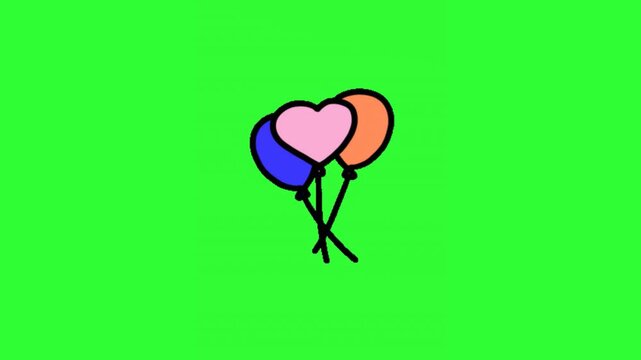 Animated colorful heart-shaped balloons floating together on a bright green screen, perfect for romantic videos, Valentine's Day content,