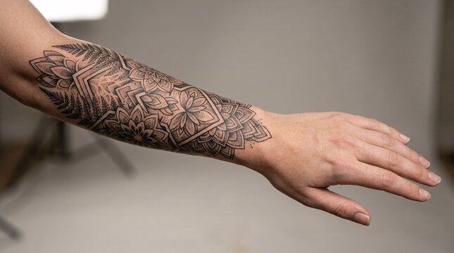 Person with intricate tribal tattoo sleeve design on arm.