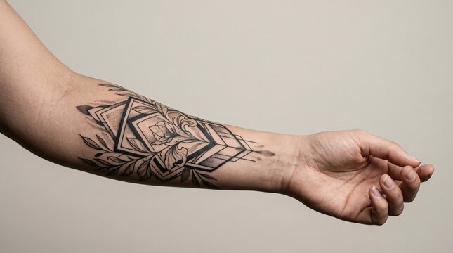 Intricate tribal tattoo design on a person's forearm with geometric patterns.