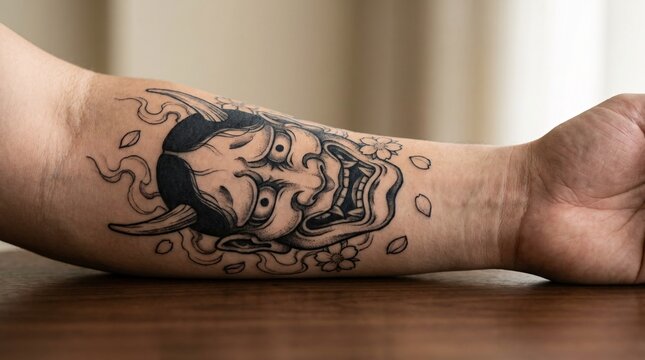 Person with intricate black tribal tattoo on forearm.