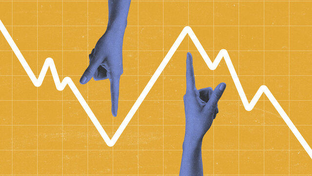 Hands indicating movement of dollar currency on a graph showing fluctuations in value over time
