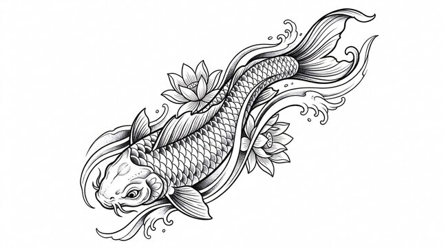 Elegant black and white line drawing of a koi fish with decorative water patterns.
