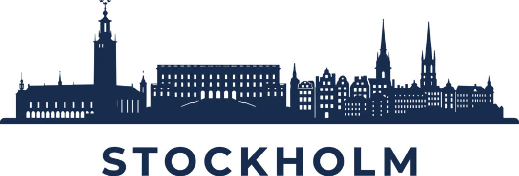 Stockholm city skyline silhouette panorama featuring famous historic architecture landmarks gamla stan isolated on white background