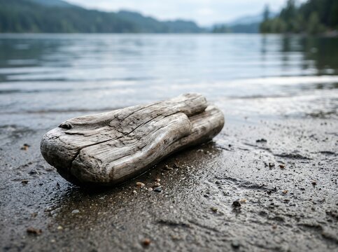 Weathered driftwood log resting on a wet sandy shore with calm lake water in background.