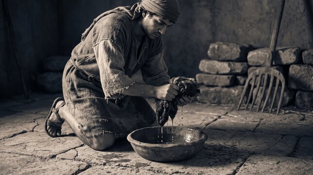 Gideon Squeezing Dew from Fleece into Clay Bowl at Dawn