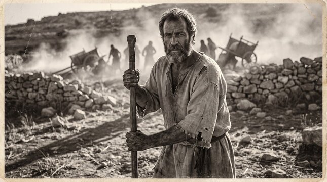 Judge Shamgar with Wooden Oxgoad Defending Farmland from Raiders