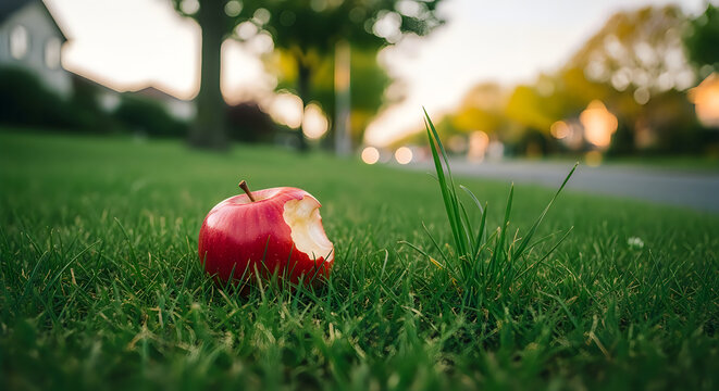 Bitten red apple lying in lush green grass on a neighborhood lawn
