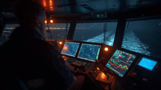 Nighttime View from the Bridge of a Modern Container Ship with Brightly Lit Control Panels and a Sea of Glimmering Waves under a Starry Sky