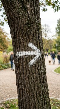White Arrow Painted on Tree Trunk in Park Guiding Path.