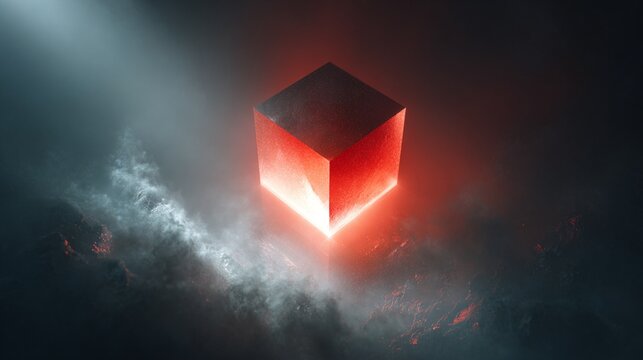 A striking abstract representation of a glowing red cube emerging from a dark, misty landscape, illuminated by beams of light that enhance its powerful and mysterious presence in a digital art style.