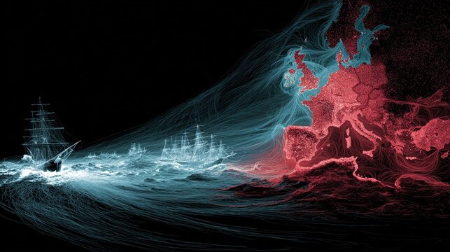 A powerful abstract visualization illustrating the concept of survivorship bias with contrasting elements, depicting ships navigating turbulent waters and the European shoreline, encapsulated in vibra