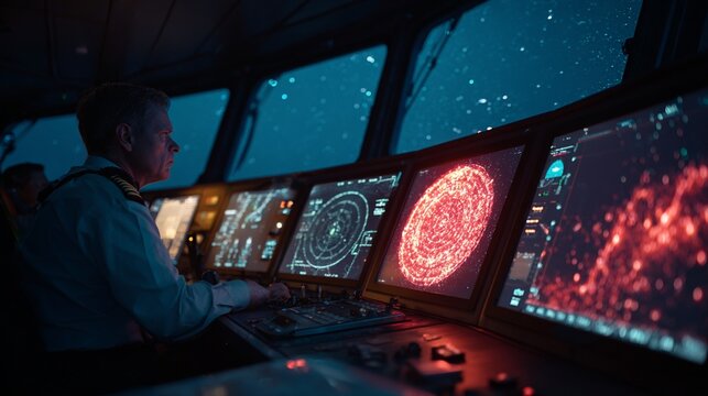A nighttime view from the bridge of a modern container ship featuring a focused captain analyzing high-tech navigational screens displaying star maps and navigation data amidst a starry sky