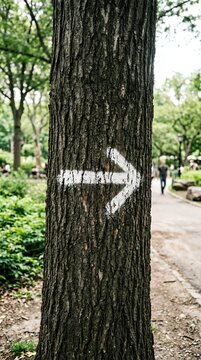 White Arrow Painted on Tree Trunk in Park Guiding Path.