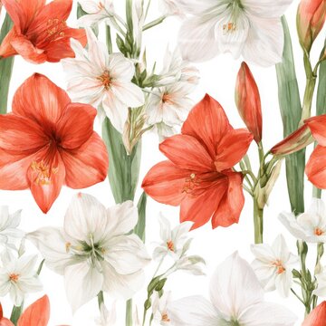 Watercolor seamless pattern with amaryllis and paperwhite flowers on a clean white background, soft illustrative style