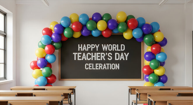 Colorful balloon arch framing a chalkboard with happy world teachers day celebration text