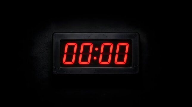Digital timer displaying zero in glowing red numbers against a black background emphasizing impending deadlines and the finality of passing time