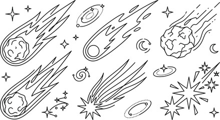 Flying Comet Asteroid and Meteor Space Universe Line Art Icon Set with Star © pappa