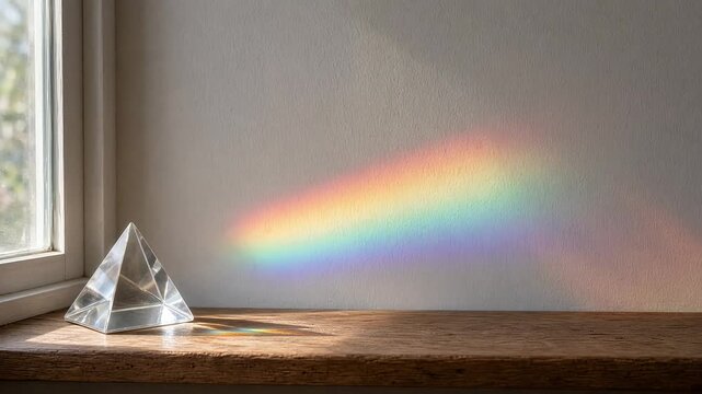Glass prism on a windowsill casting a spectrum of rainbow colors on a wall