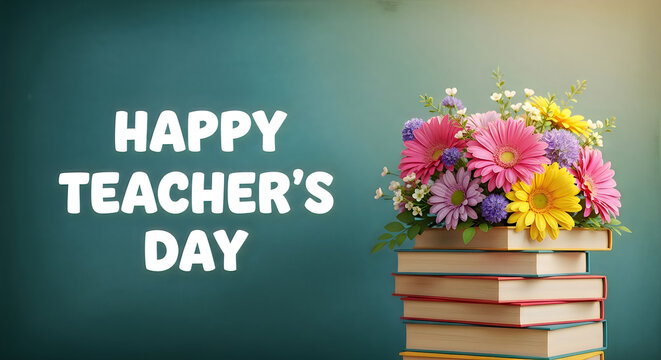 Happy teachers day greeting with colorful flowers and stacked books on teal background