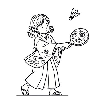 Girl playing traditional Japanese hanetsuki game line art