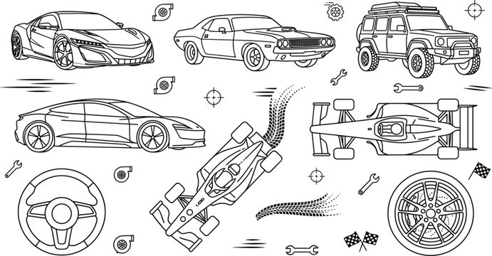 Automotive Motorsport Race Car and Sport Vehicle Line Art Icon Set with Wheel